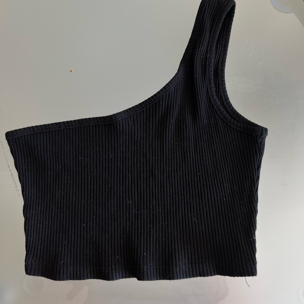 Black Ribbed One-Shoulder Top - Picture 2 of 2